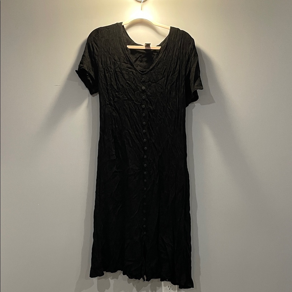 Black Crinkle Button Down Midi Dress